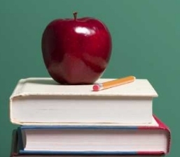 Apple and pencil on top of some books in front of a blackboard.